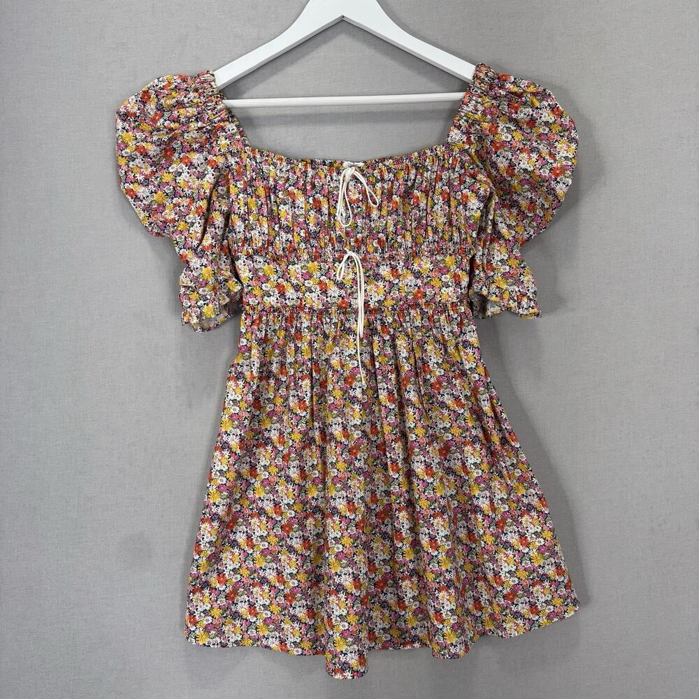 For Love & Lemons Libby Mini Dress‎ Womens XS Pink Floral Puff Sleeve Babydoll - Picture 3 of 13
